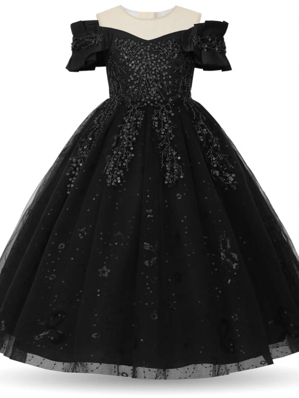 Black Sequin Tulle Formal Dress for Girls - Elegant Party Gown